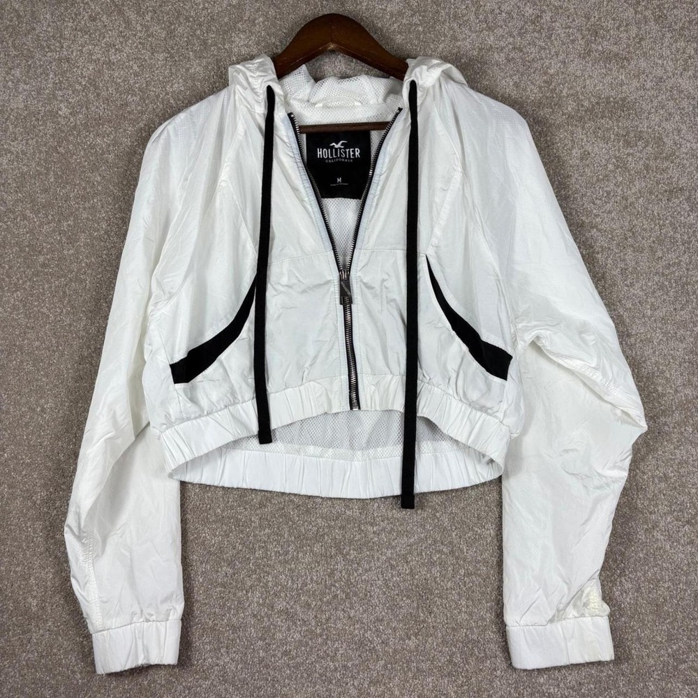 Hollister White Cropped Windbreaker Hooded Mesh Lined Jacket Womens Medium